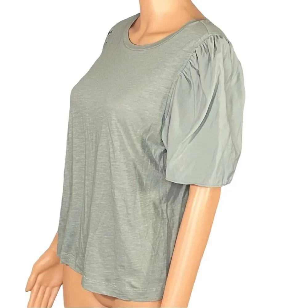 LOFT Sage Green Puff Sleeve Crewneck Blouse SZ Small Casual Lightweight Summer